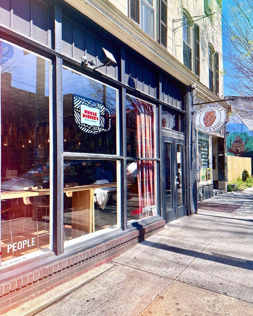 Storefront of Uncle Bobbie's Coffee & Books, specialty coffee shop in Philadelphia