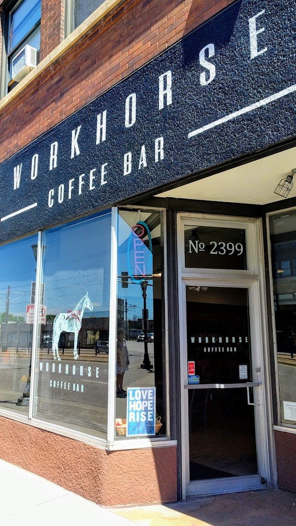 Storefront of Workhorse Coffee Bar, specialty coffee shop in Minneapolis