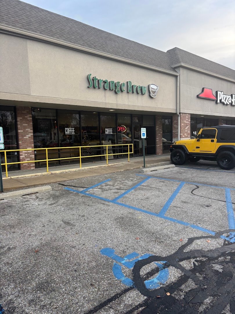 Storefront of Strange Brew, specialty coffee shop in Indianapolis