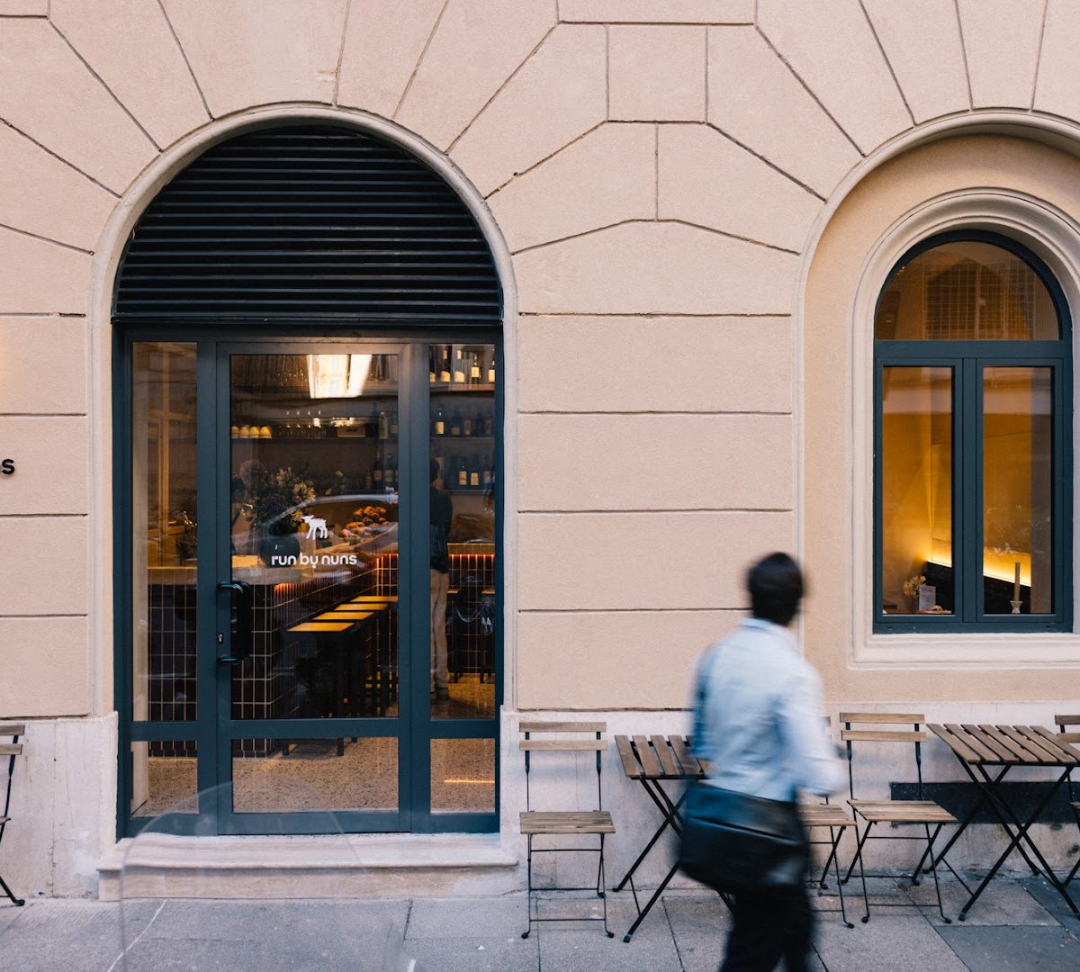 Storefront of Run by Nuns, specialty coffee shop in Rome