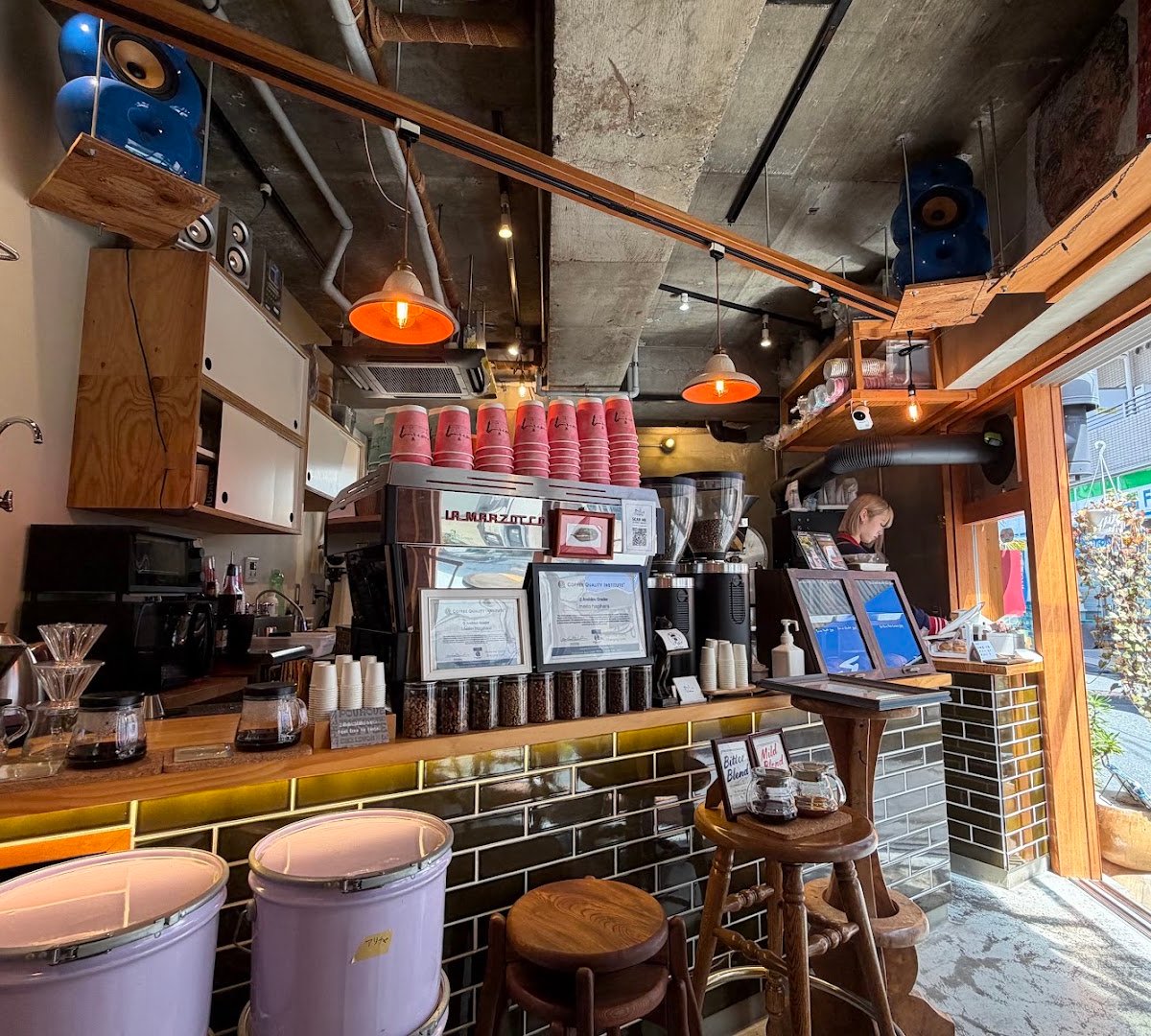 Interior of Mermaid Coffee Roasters, specialty coffee shop in Tokyo