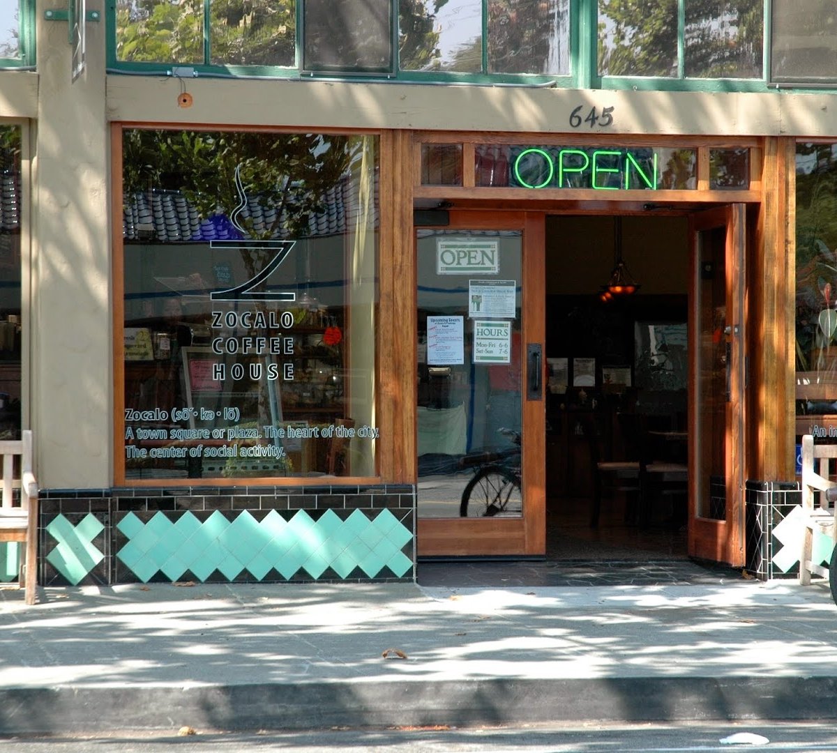 Storefront of Zocalo Coffeehouse, specialty coffee shop in Oakland