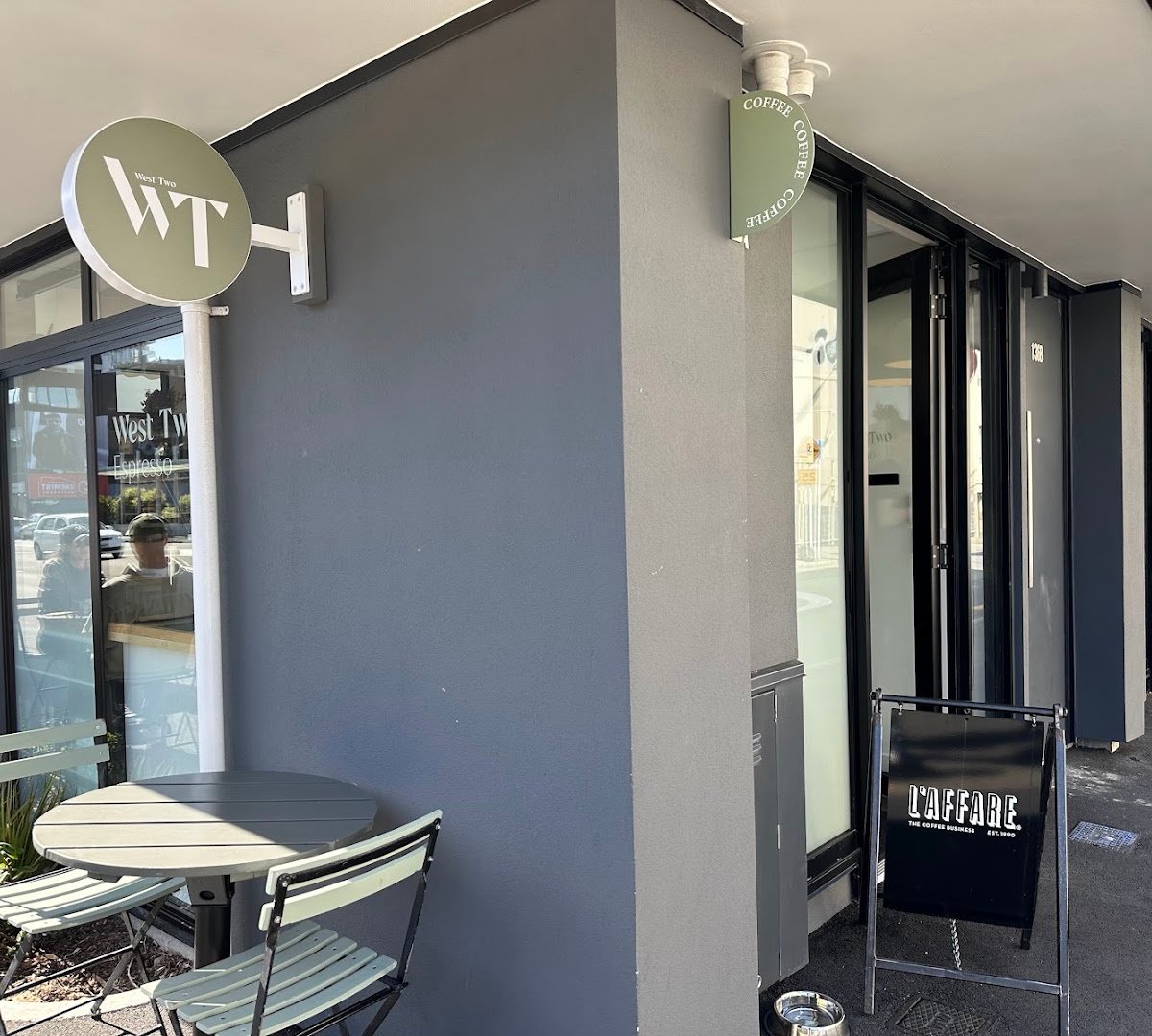 Storefront of West Two Espresso, specialty coffee shop in Wellington