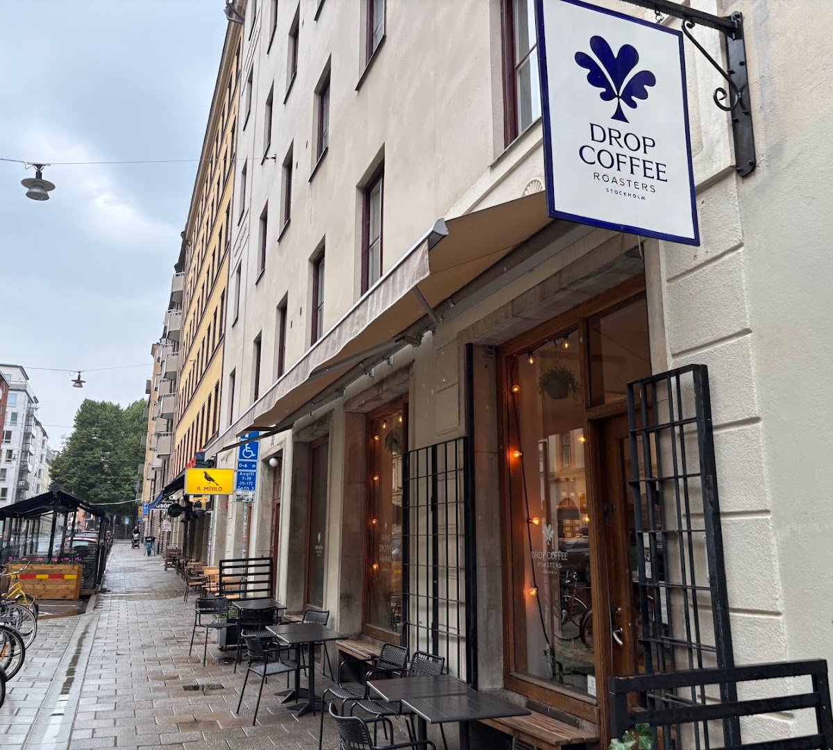 Storefront of Drop Coffee Roasters, specialty coffee shop in Stockholm
