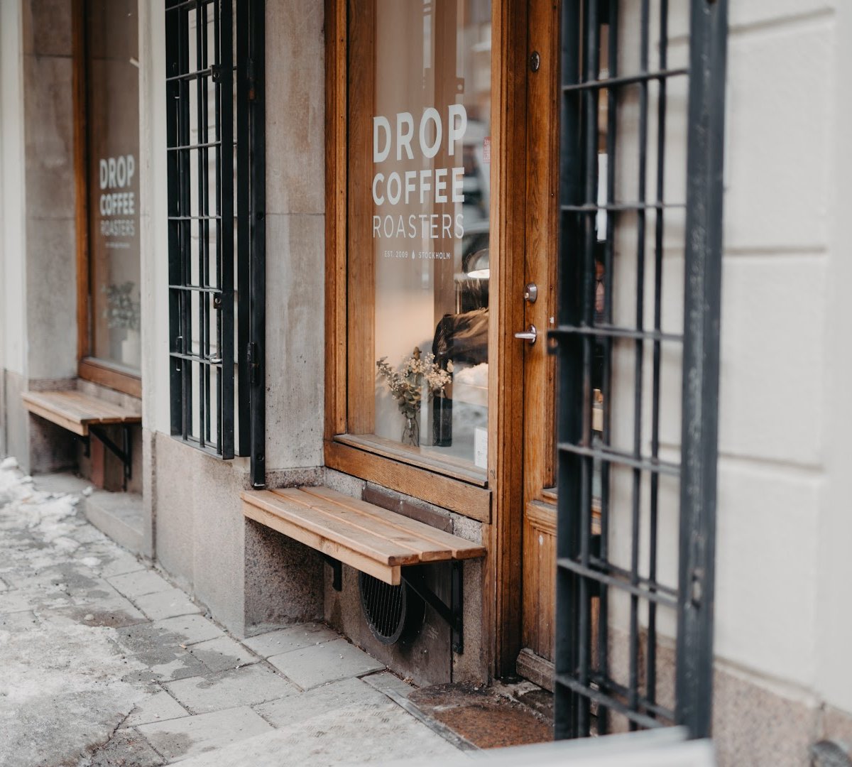 Storefront of Drop Coffee Roasters, specialty coffee shop in Stockholm