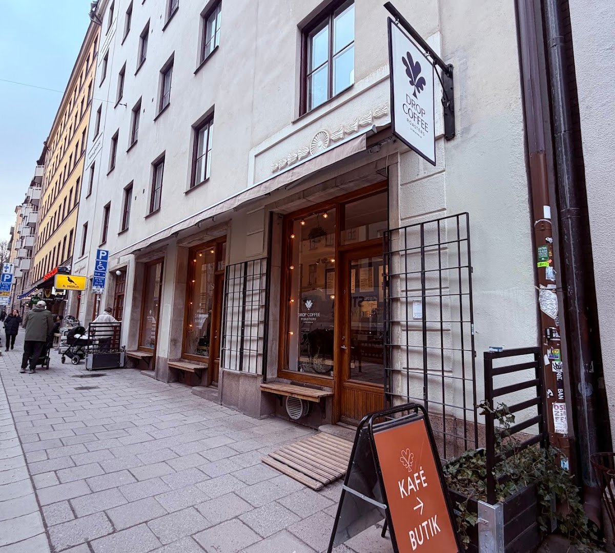 Storefront of Drop Coffee Roasters, specialty coffee shop in Stockholm