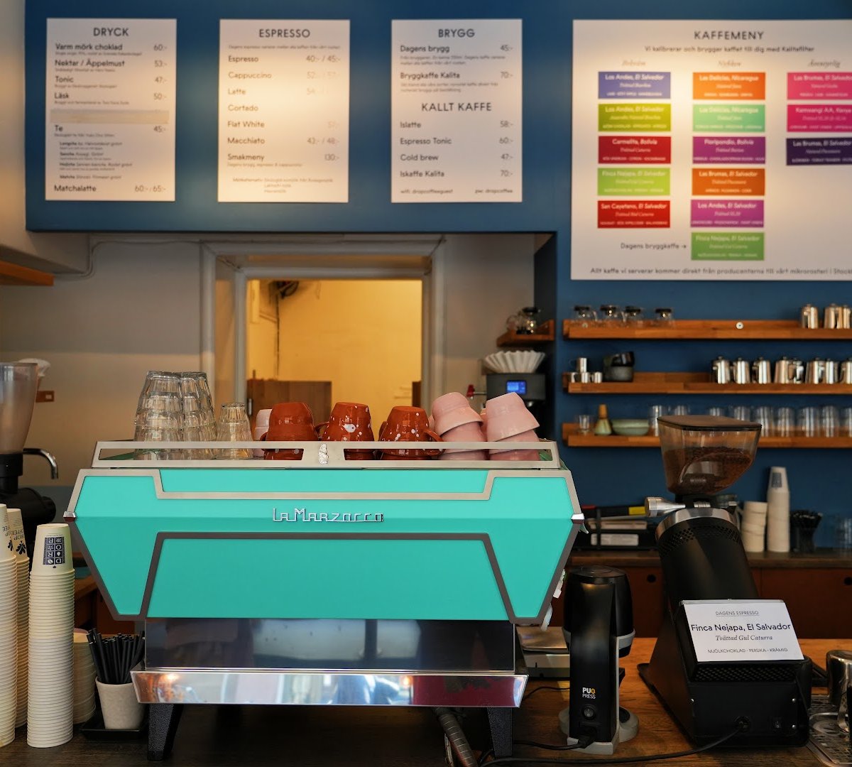 Interior of Drop Coffee Roasters, specialty coffee shop in Stockholm