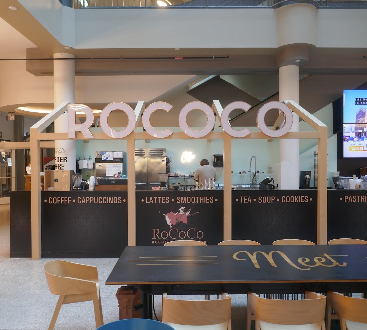Interior of RoCoCo Cafe, specialty coffee shop in Rochester