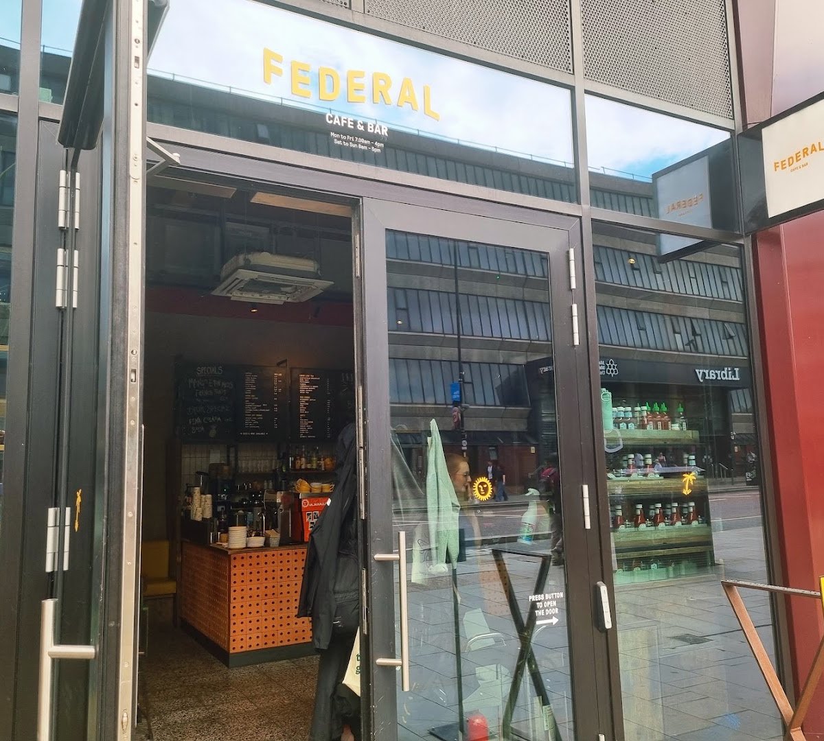 Storefront of Federal Cafe Bar, specialty coffee shop in Manchester