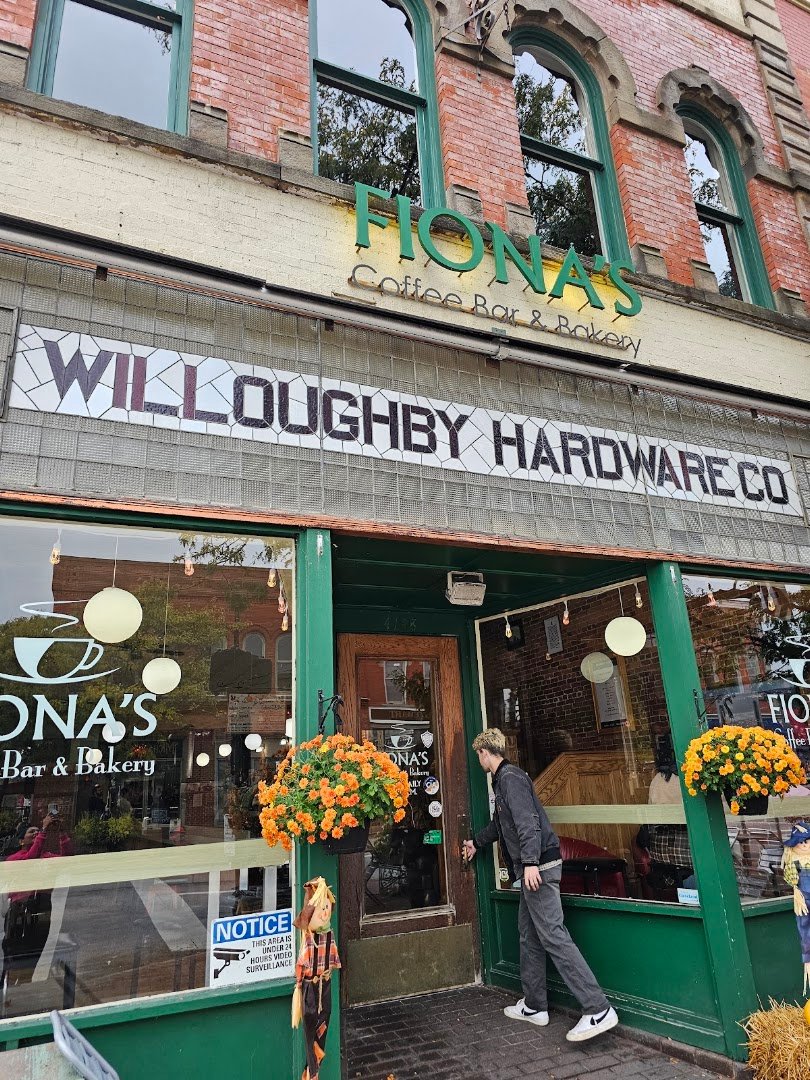 Storefront of Fiona's Coffee Bar & Bakery, specialty coffee shop in Cleveland