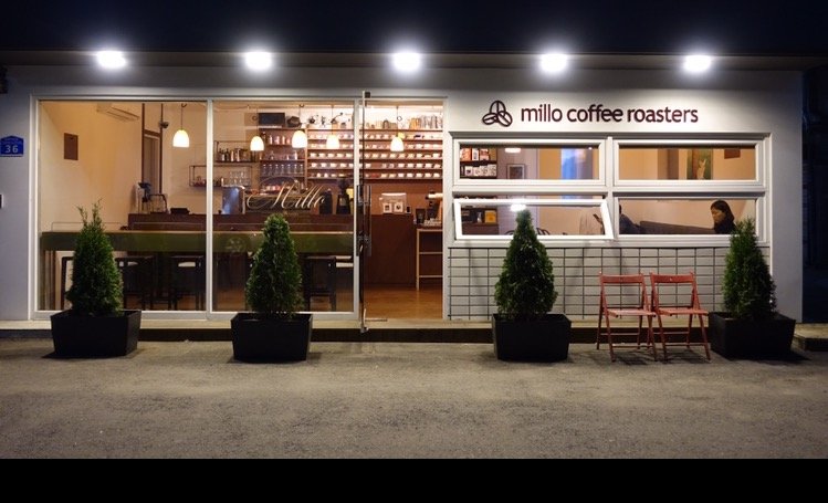 Storefront of Millo Coffee Roasters, specialty coffee shop in Seoul