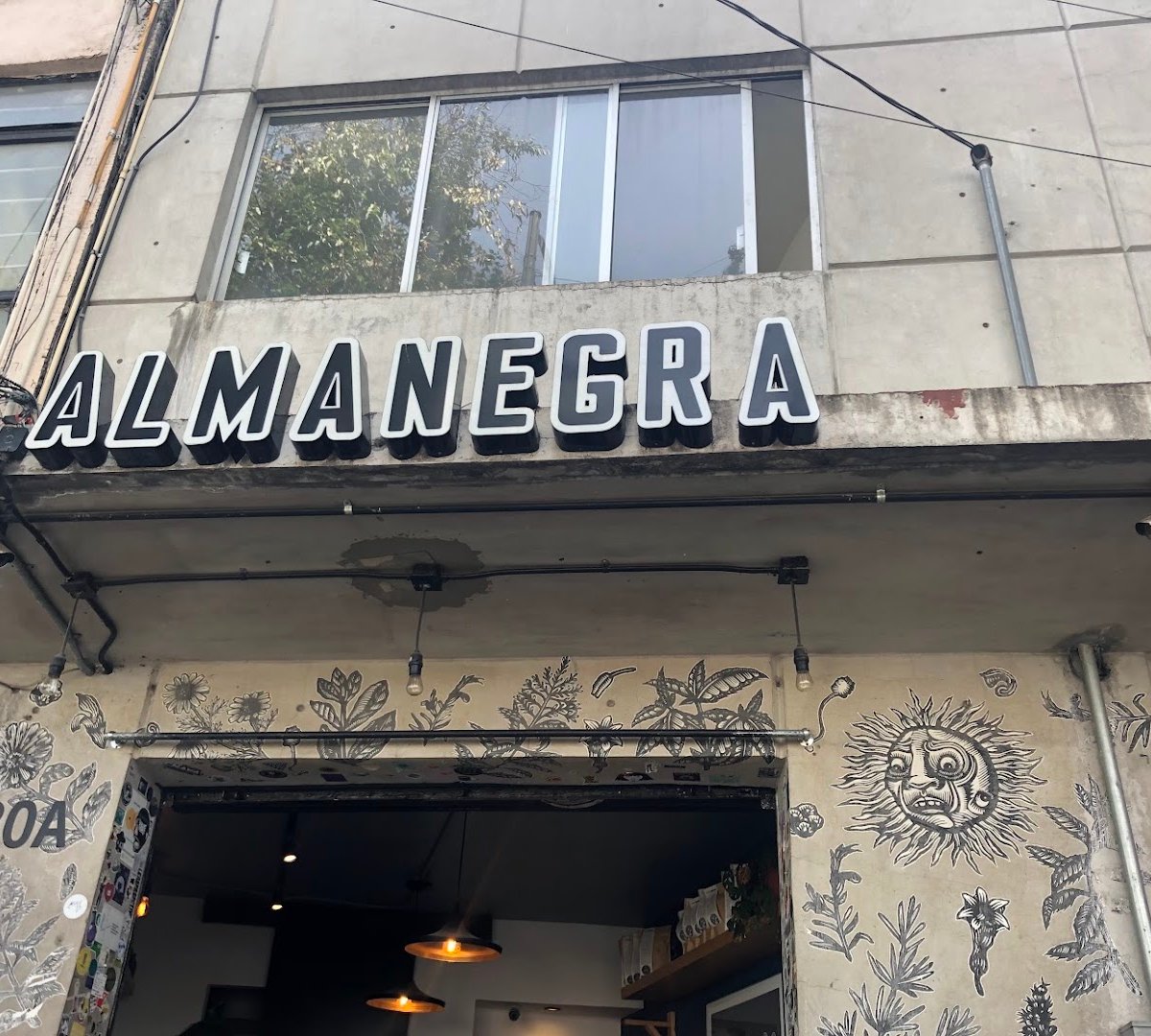 Storefront of Almanegra Café, specialty coffee shop in Mexico City