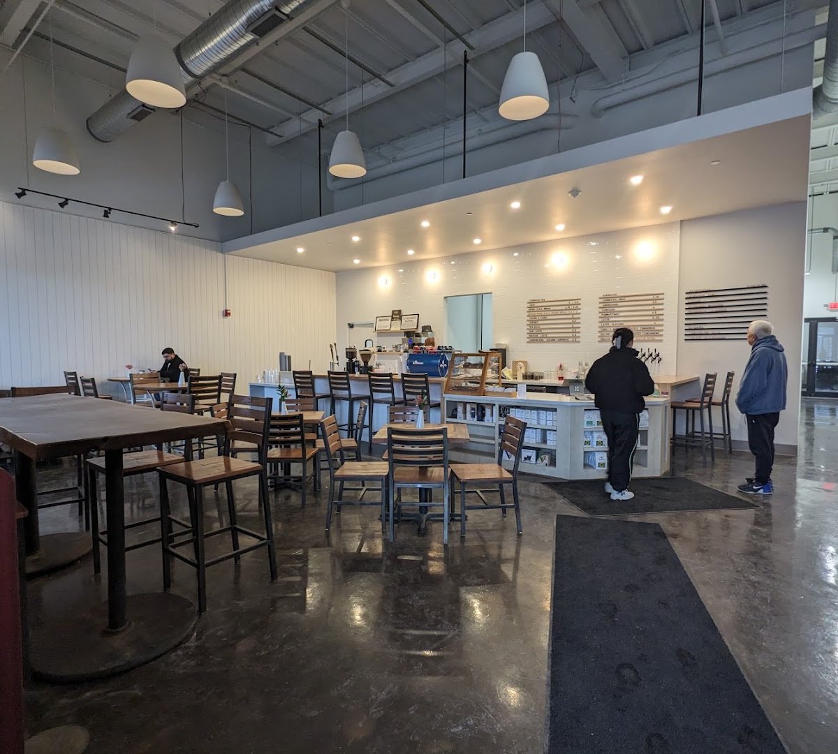 Interior of FairPour Coffee Roasters, specialty coffee shop in Rochester