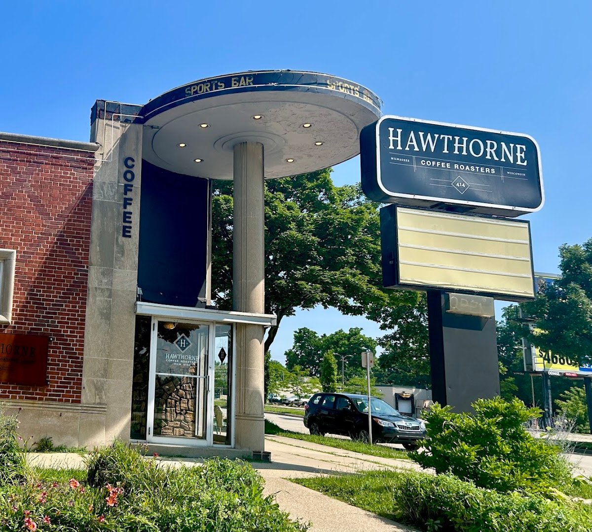 Storefront of Hawthorne Coffee Roasters, specialty coffee shop in Milwaukee