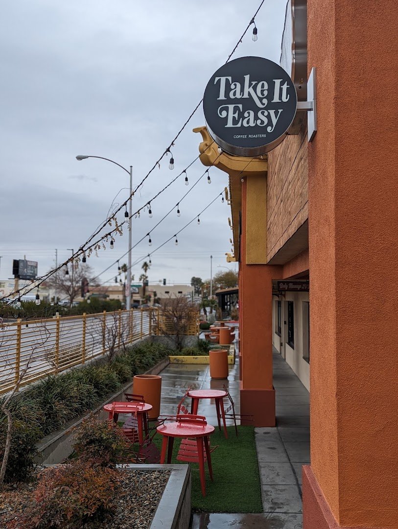 Storefront of Take It Easy Roasters, specialty coffee shop in Las Vegas