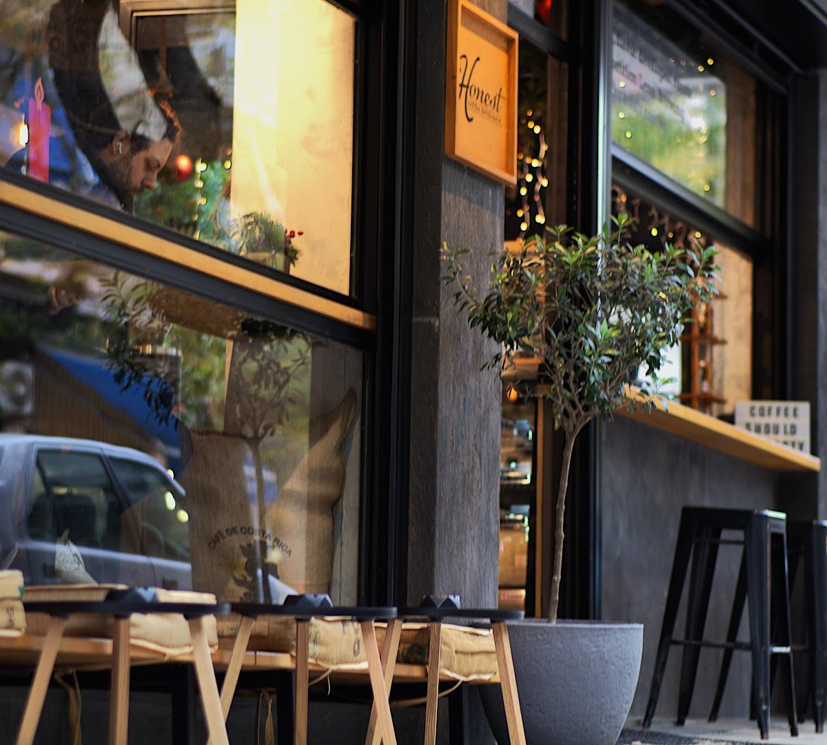 Storefront of Honest Coffee Developers, specialty coffee shop in Athens