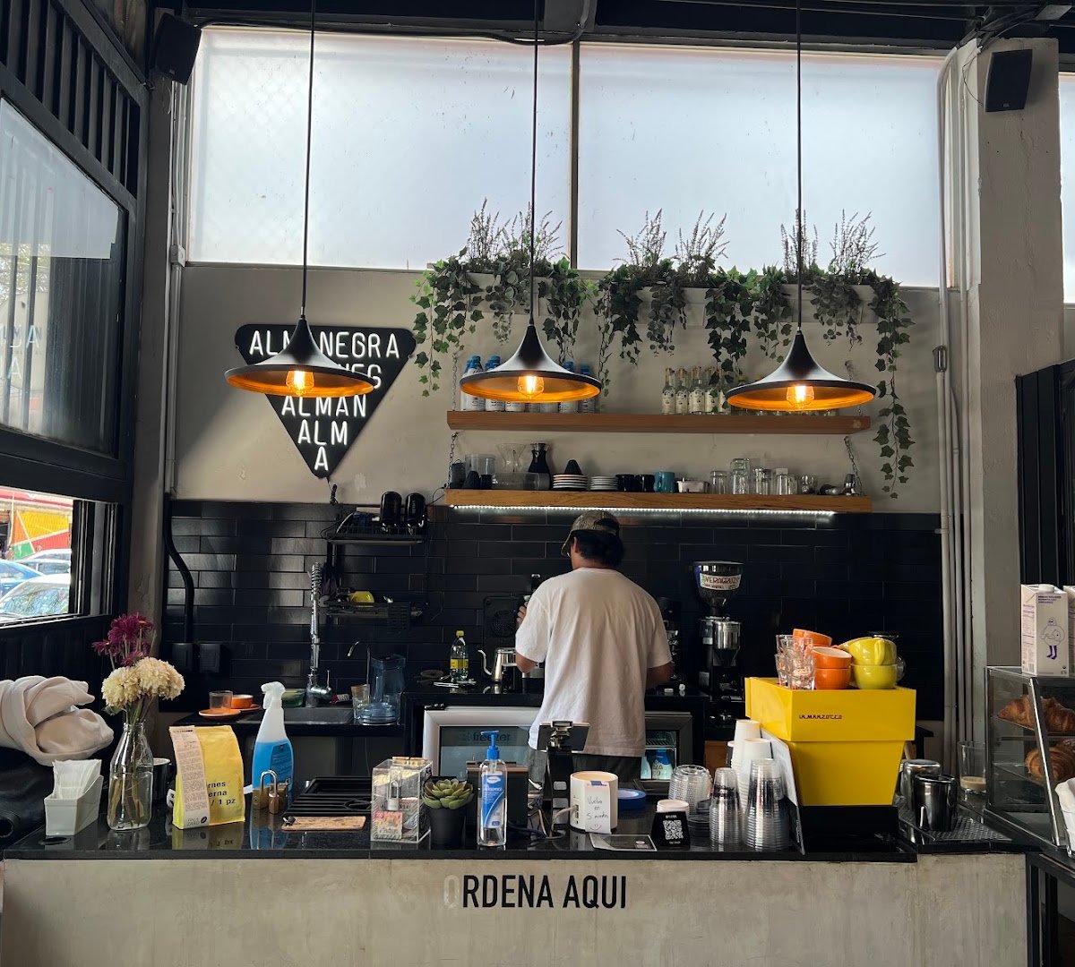 Interior of Almanegra Café, specialty coffee shop in Mexico City