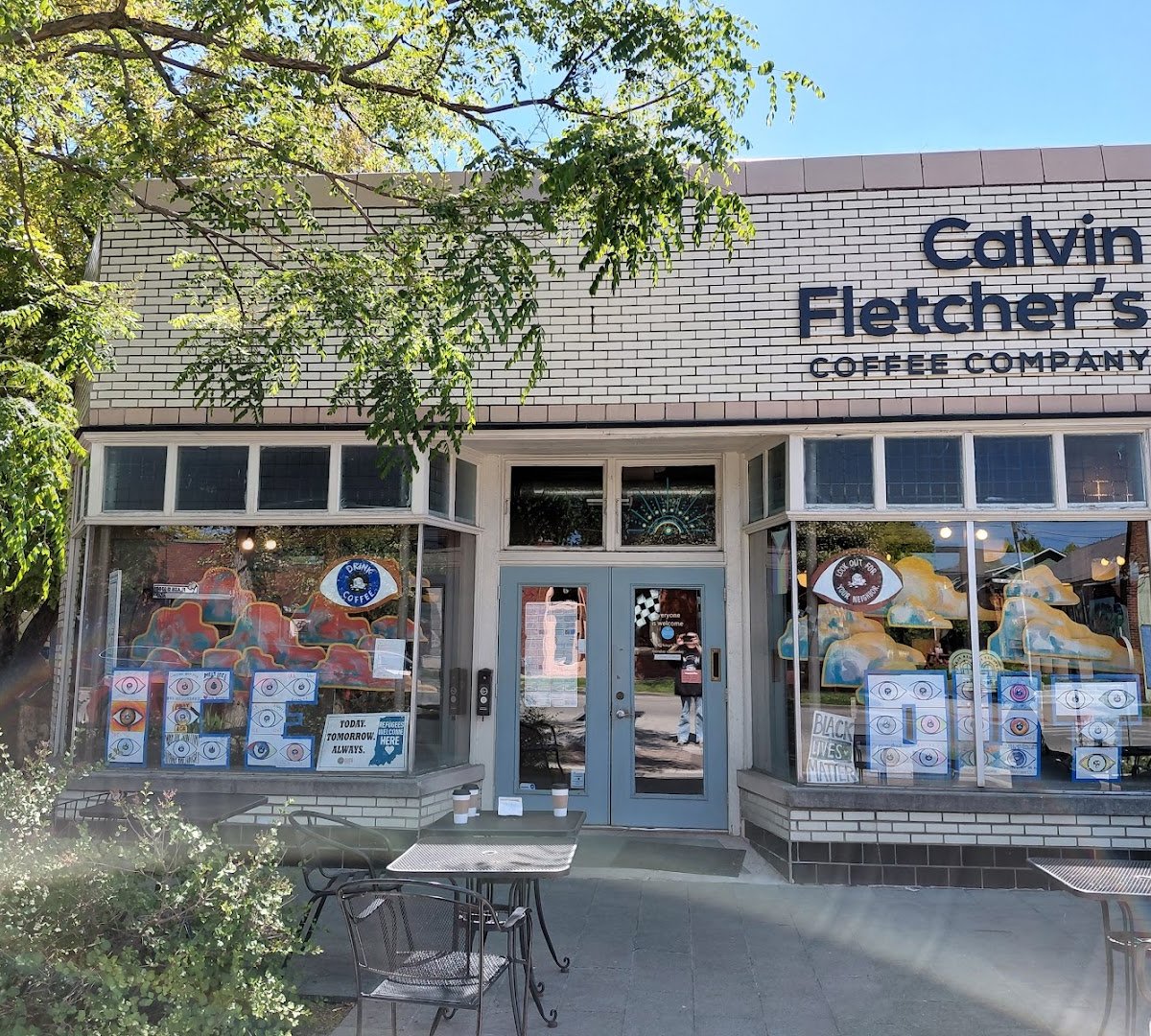 Storefront of Calvin Fletcher's Coffee Company, specialty coffee shop in Indianapolis
