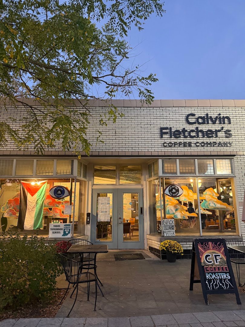 Storefront of Calvin Fletcher's Coffee Company, specialty coffee shop in Indianapolis