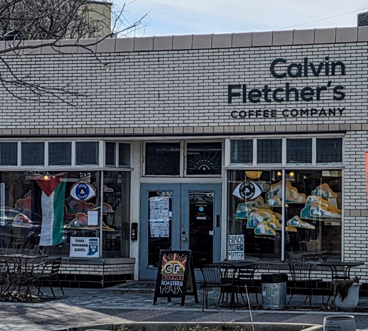 Storefront of Calvin Fletcher's Coffee Company, specialty coffee shop in Indianapolis