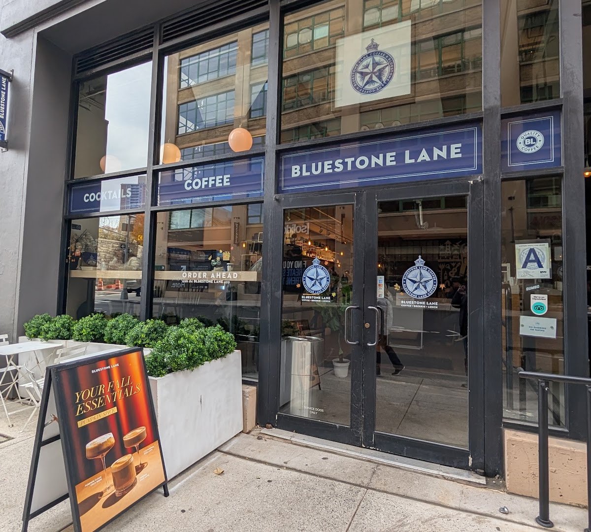 Storefront of Bluestone Lane DUMBO Café, specialty coffee shop in New York