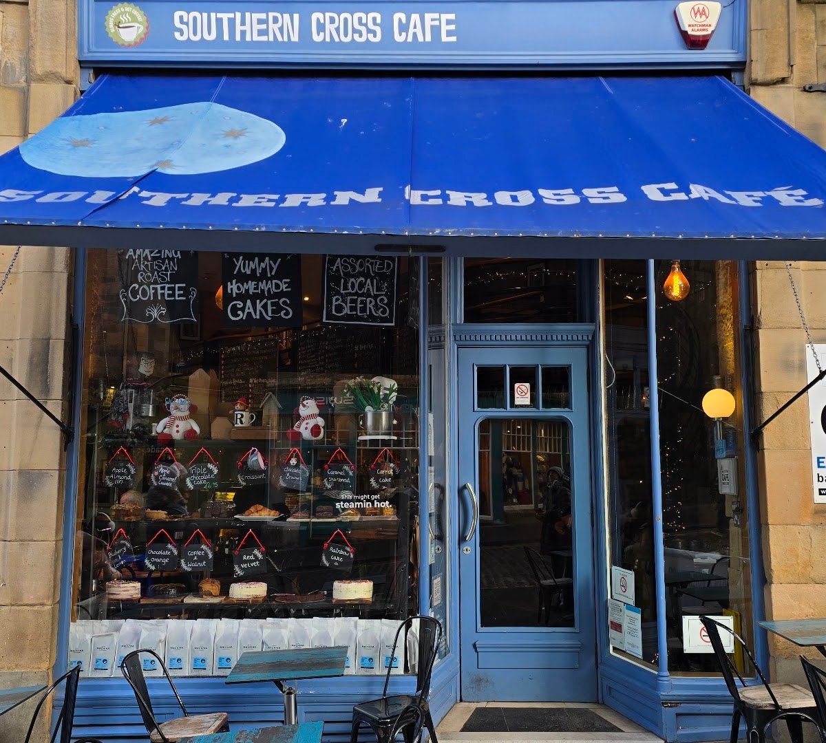 Storefront of Southern Cross Cafe, specialty coffee shop in Edinburgh