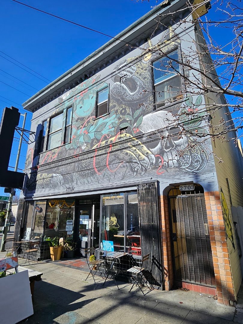 Storefront of Hasta Muerte Coffee, specialty coffee shop in Oakland
