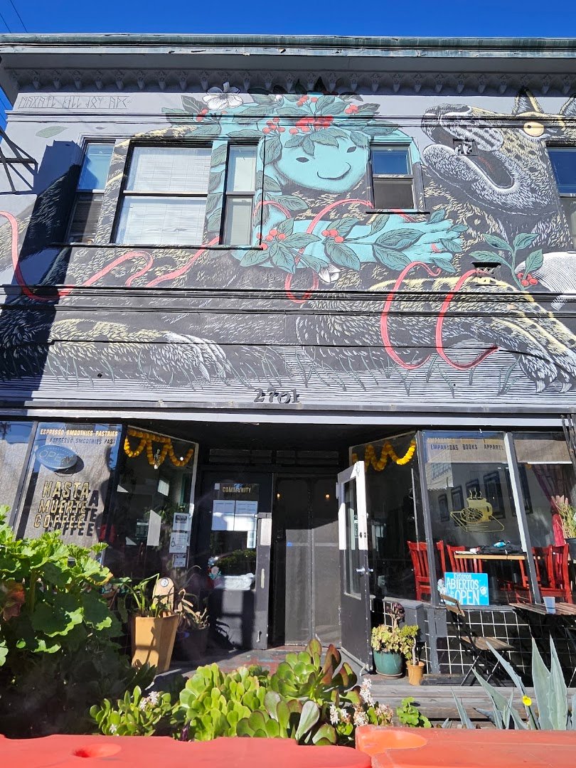 Storefront of Hasta Muerte Coffee, specialty coffee shop in Oakland