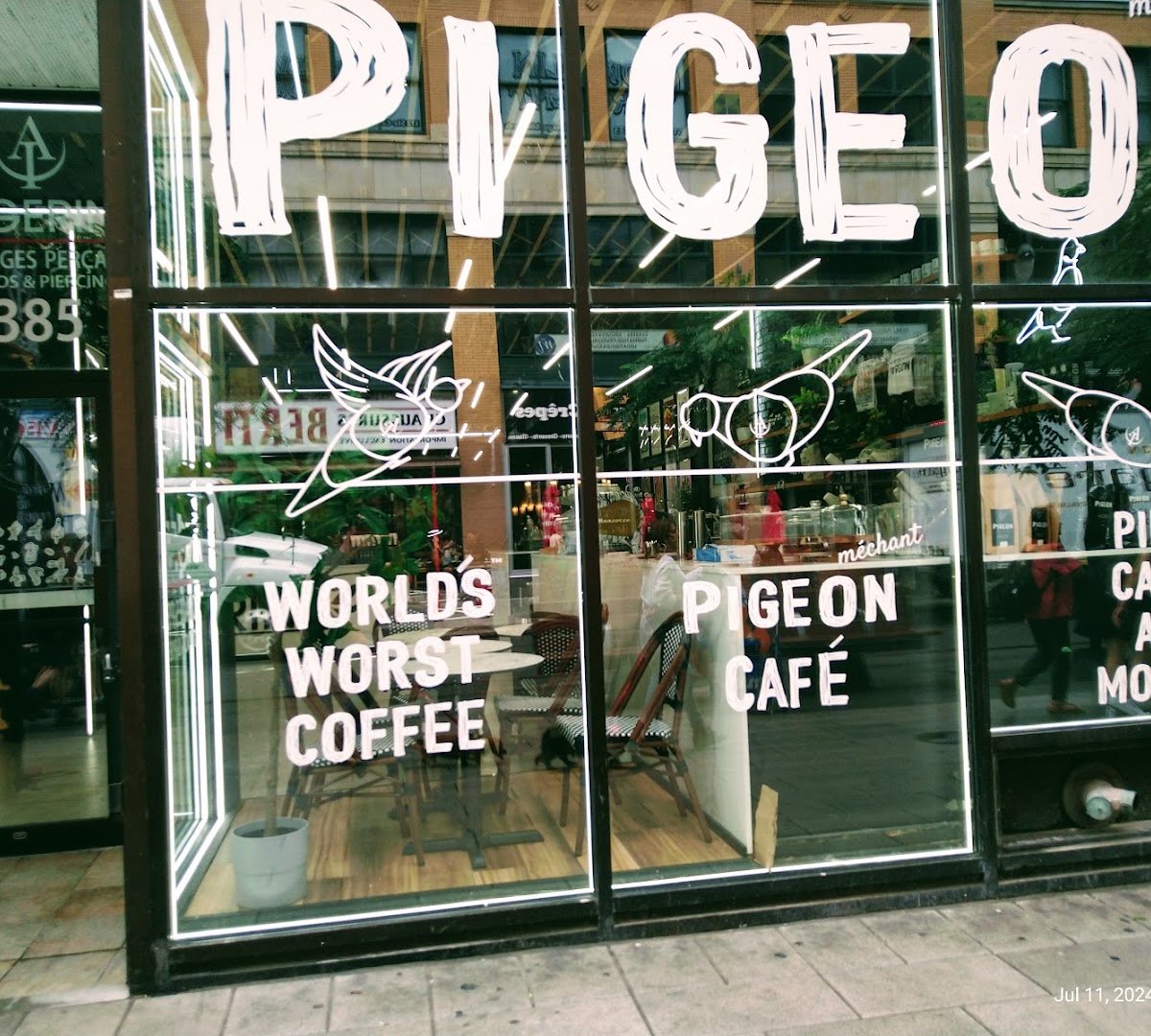 Storefront of Pigeon Café, specialty coffee shop in Montreal