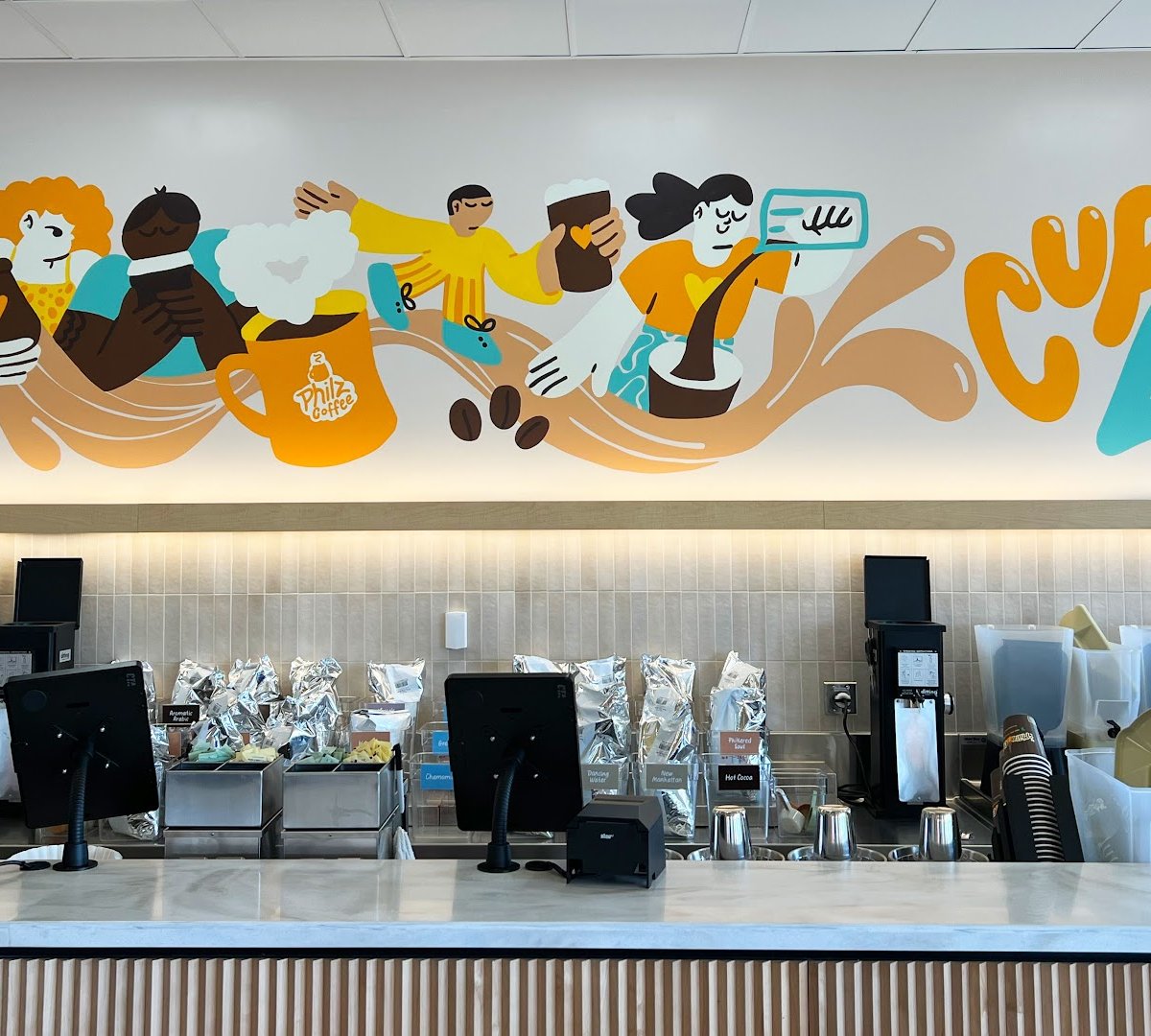 Interior of Philz Coffee, specialty coffee shop in San Jose