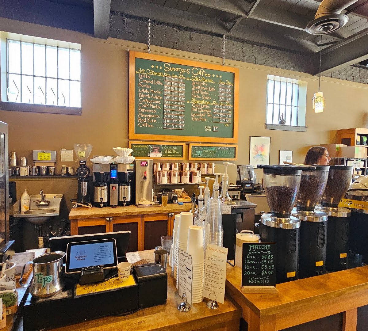 Interior of Sunergos Coffee, specialty coffee shop in Louisville
