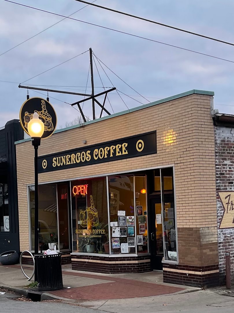 Storefront of Sunergos Coffee, specialty coffee shop in Louisville