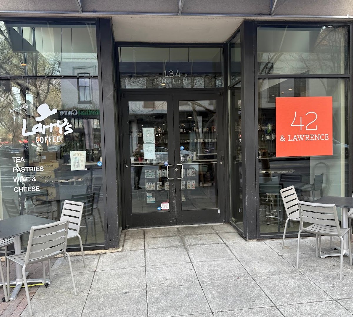 Storefront of 42 & Lawrence, specialty coffee shop in Raleigh-Durham