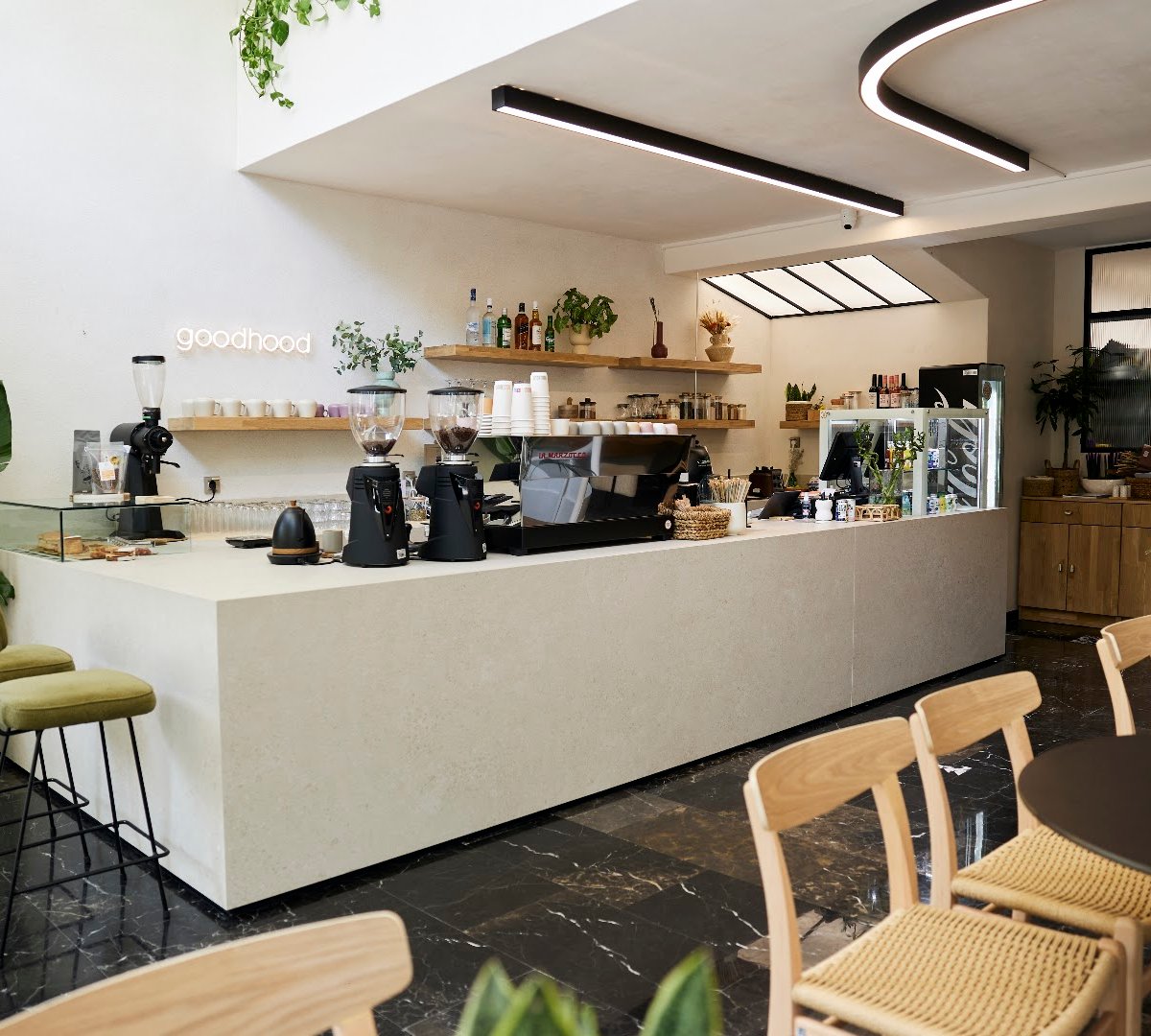 Interior of Goodhood Athens, specialty coffee shop in Athens