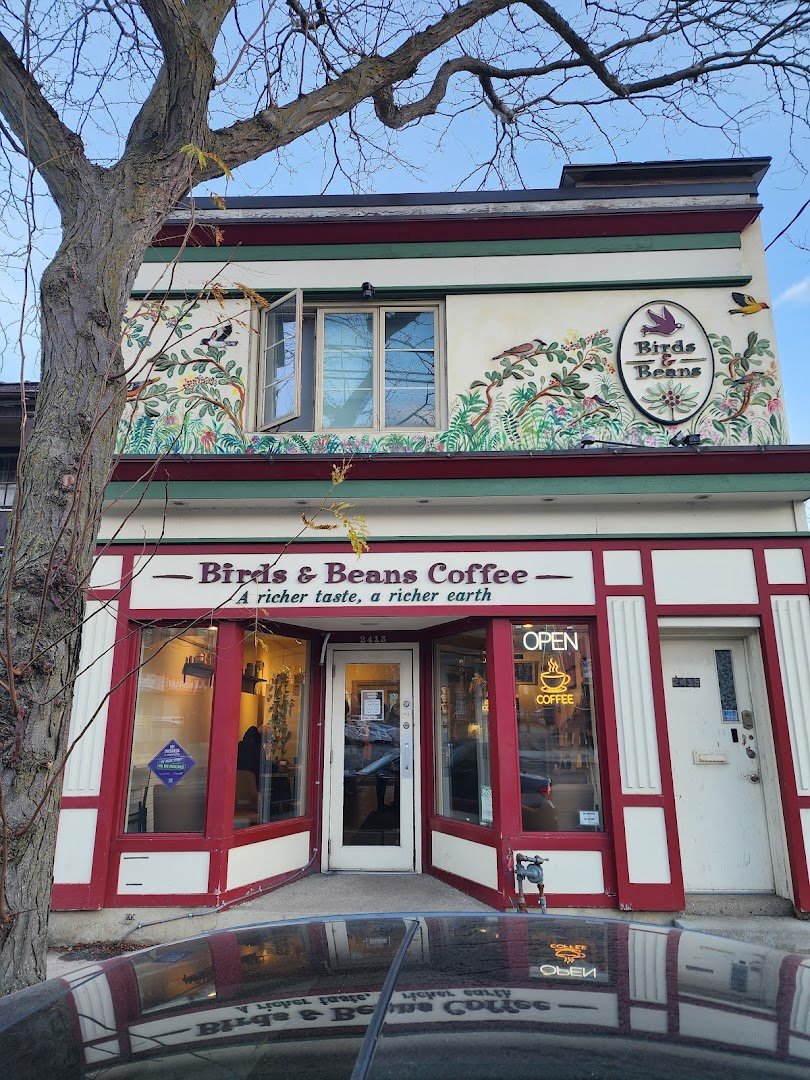 Storefront of Birds & Beans Café, specialty coffee shop in Toronto