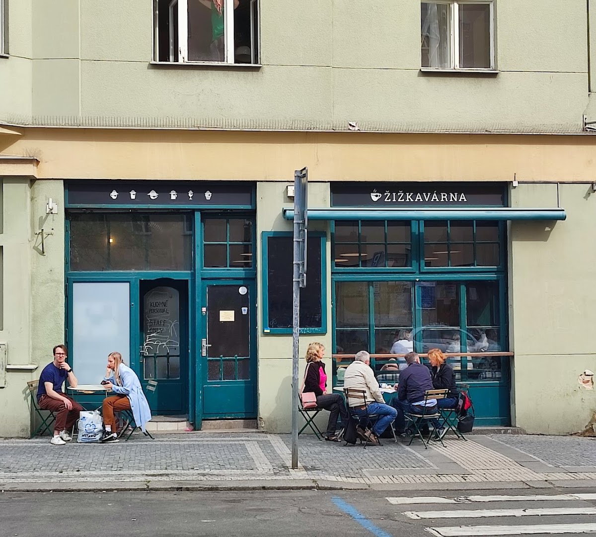 Storefront of Žižkavárna Cafe., specialty coffee shop in Prague