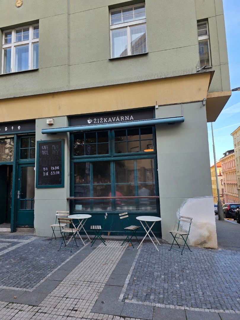 Storefront of Žižkavárna Cafe., specialty coffee shop in Prague