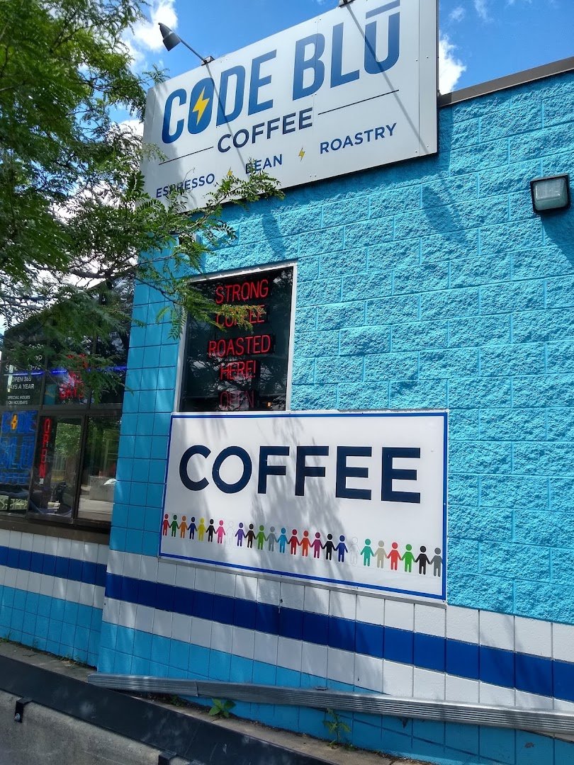 Storefront of Code Blu Coffee, specialty coffee shop in Minneapolis