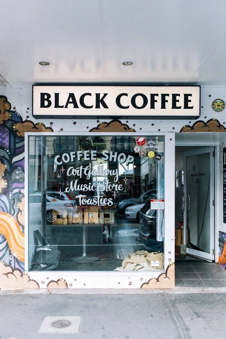Storefront of Black Coffee, specialty coffee shop in Wellington