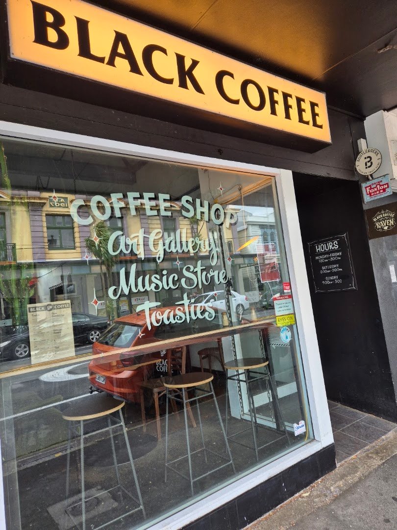 Storefront of Black Coffee, specialty coffee shop in Wellington