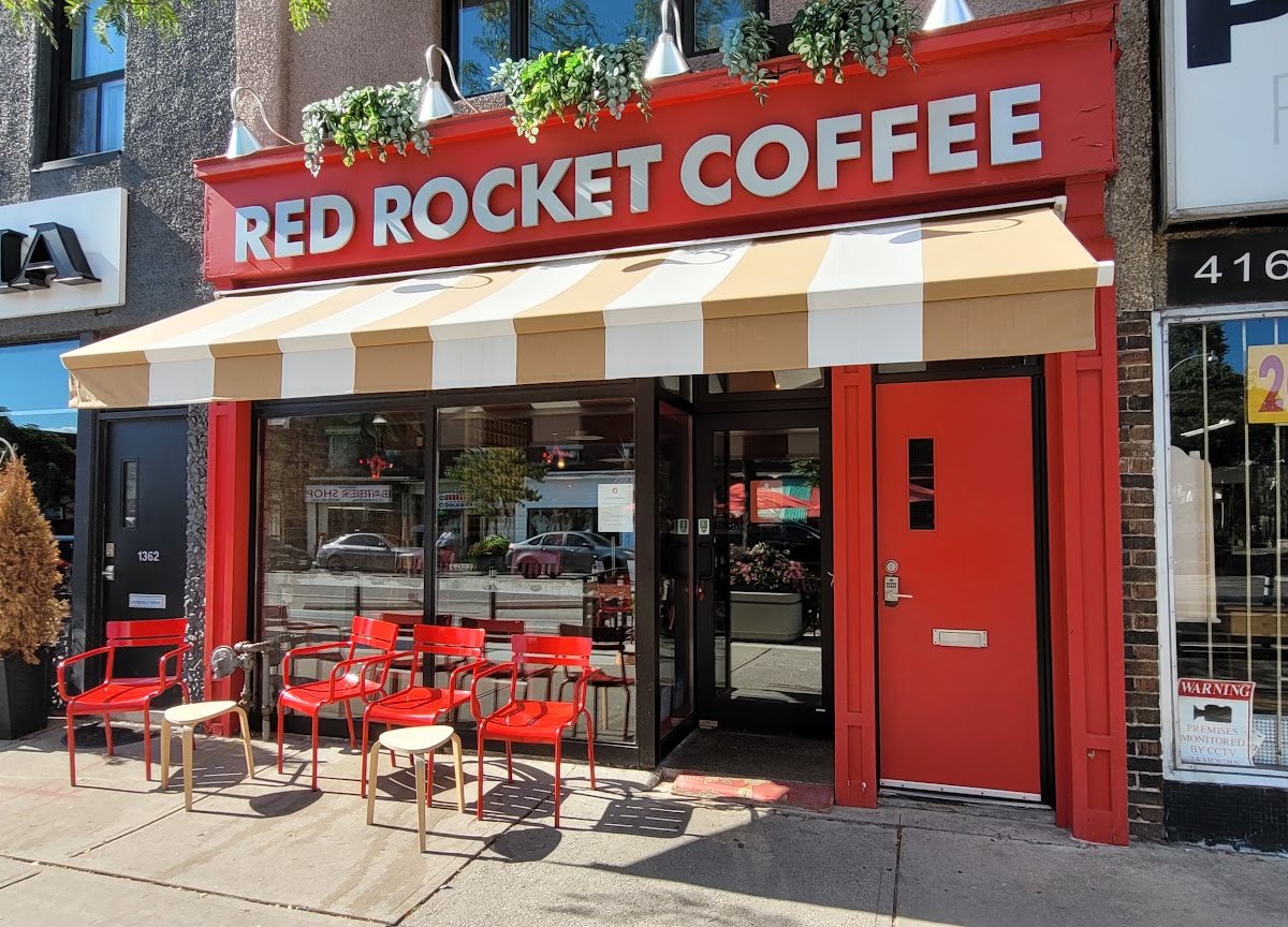 Storefront of Red Rocket Coffee, specialty coffee shop in Toronto