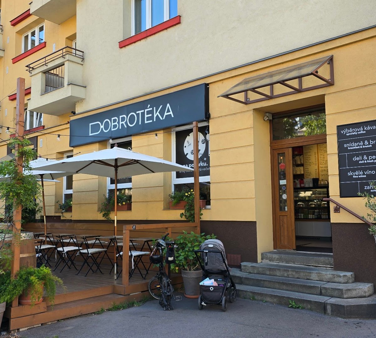 Storefront of Dobrotéka Žižkov, specialty coffee shop in Prague