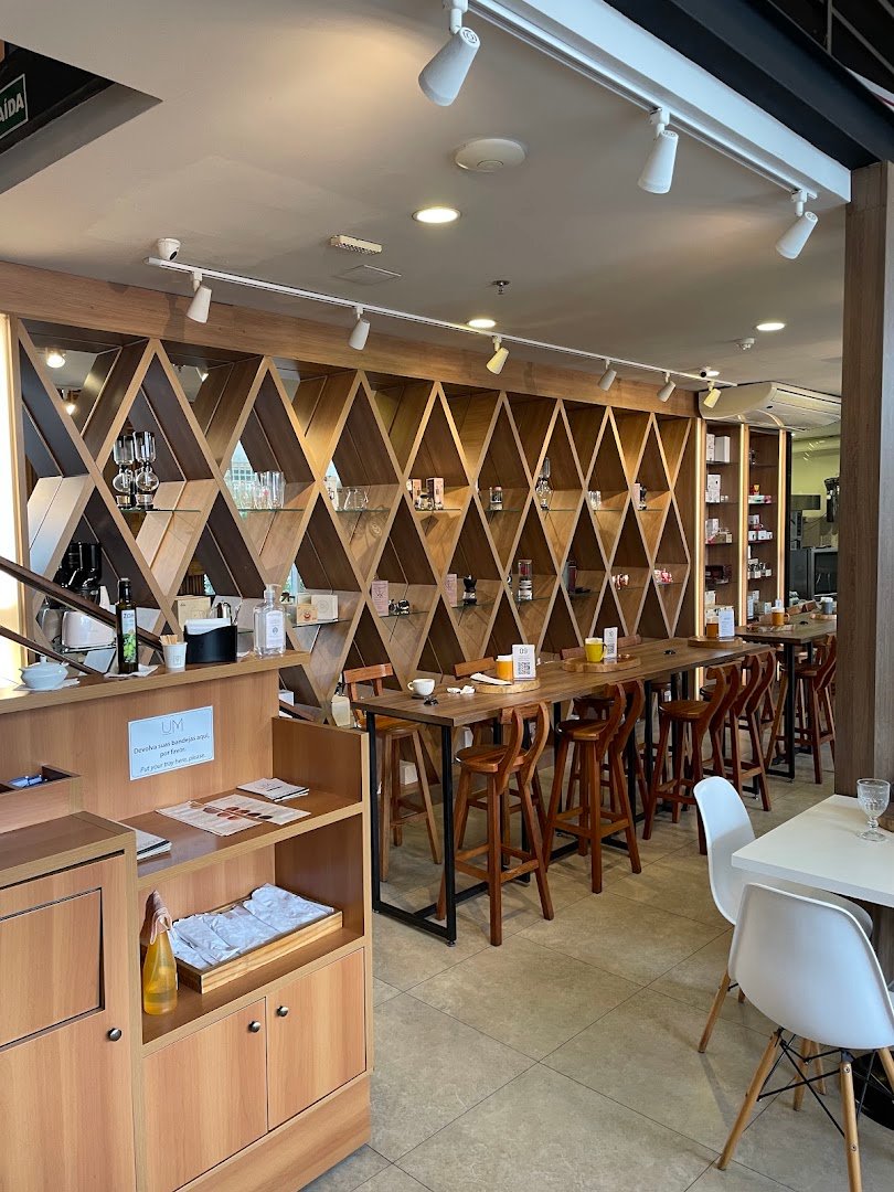 Interior of Um Coffee Co., specialty coffee shop in São Paulo