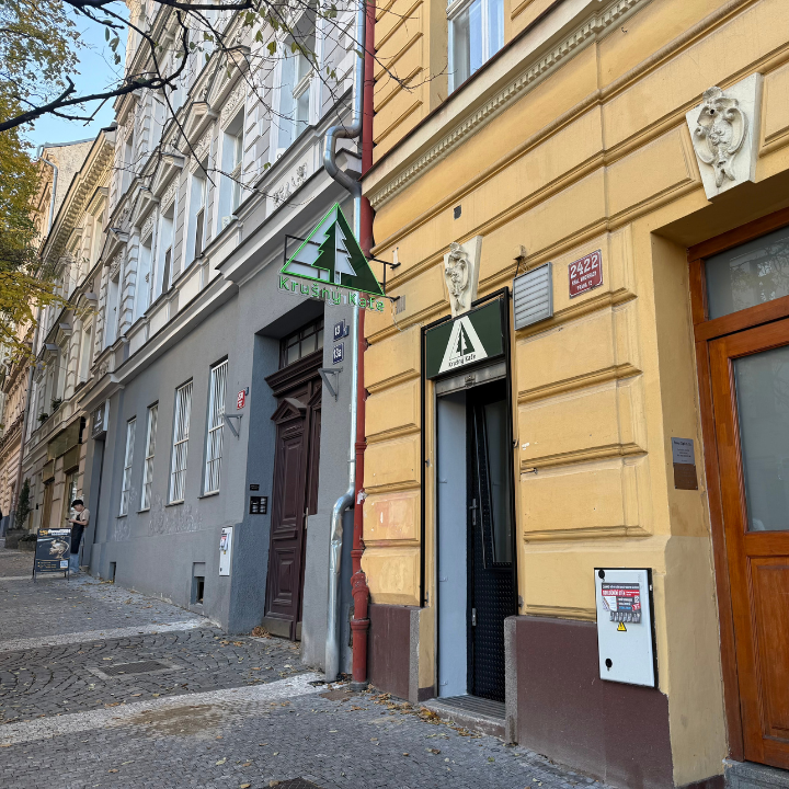 Storefront of Krušný kafe, specialty coffee shop in Prague