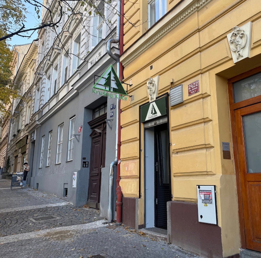 Storefront of Krušný kafe, specialty coffee shop in Prague