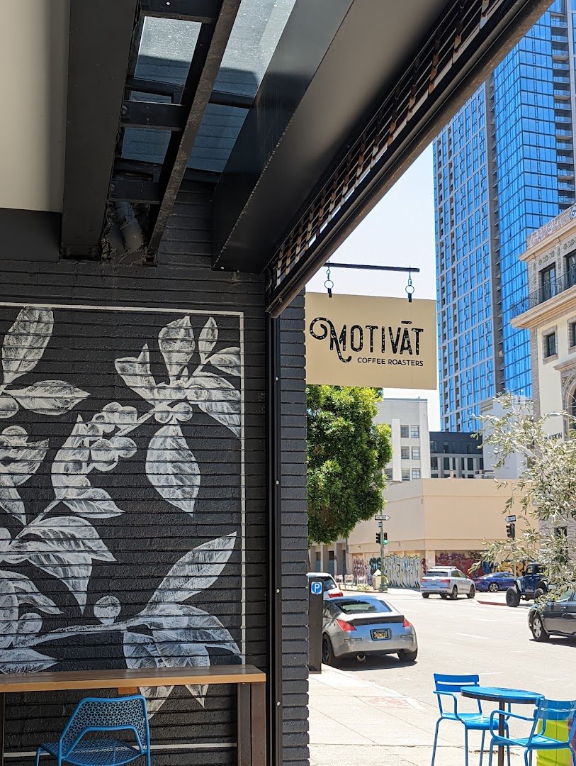Storefront of Motivāt Coffee Roasters, specialty coffee shop in Oakland