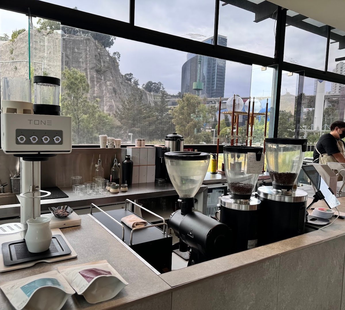 Interior of Exploradores Club de Cafe, specialty coffee shop in Mexico City