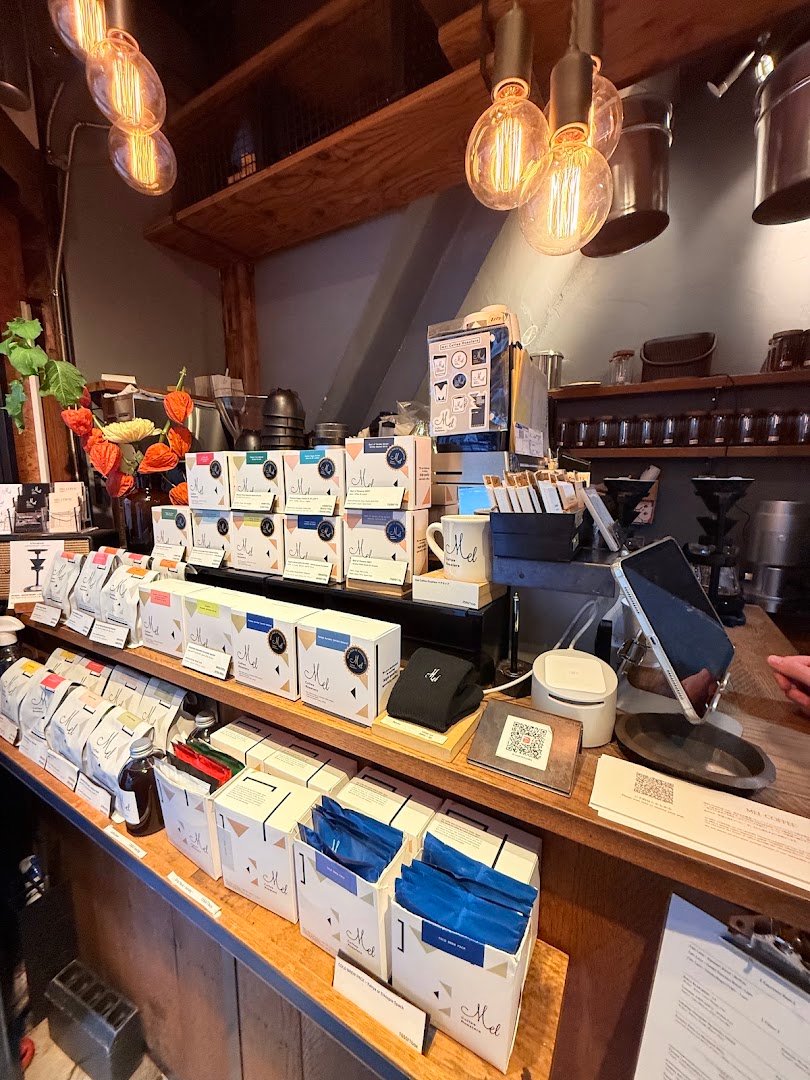 Interior of Mel Coffee Roasters, specialty coffee shop in Osaka