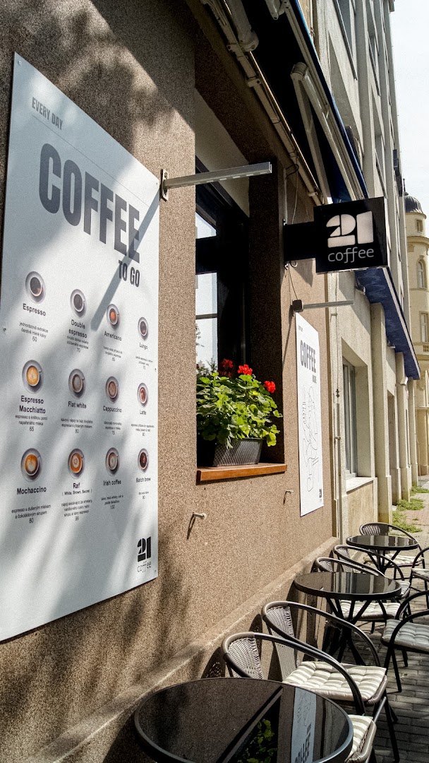 Storefront of 21 Coffee, specialty coffee shop in Prague