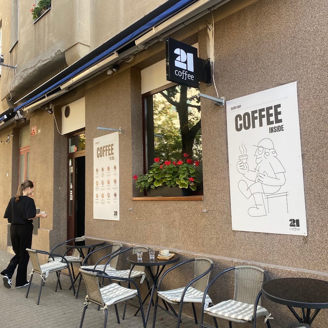 Storefront of 21 Coffee, specialty coffee shop in Prague